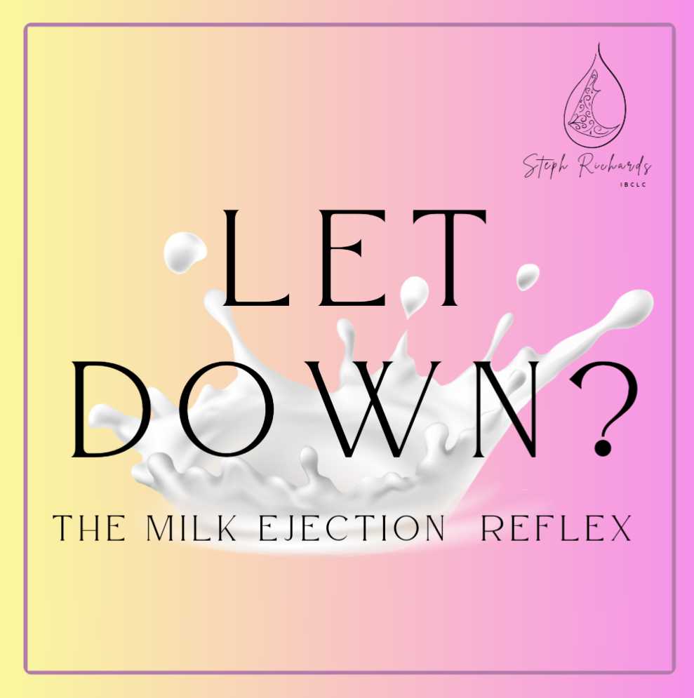 A pink and yellow background, with a milk splash behind the words let down? The Milk ejection reflex