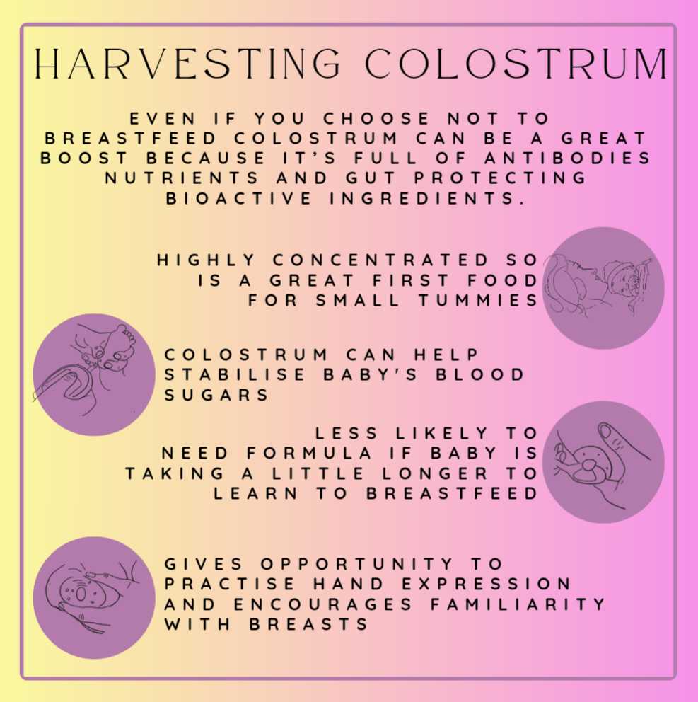 a pink and yellow image heavy with text. 4 circles with line drawn images surround the text. circle one consists of a babys foot and a blood sugar reader. Circle two has a mother lying with her baby. Circle three has a breast dripping colostrum onto a spoon and the forth circle shows hand expression of the breast